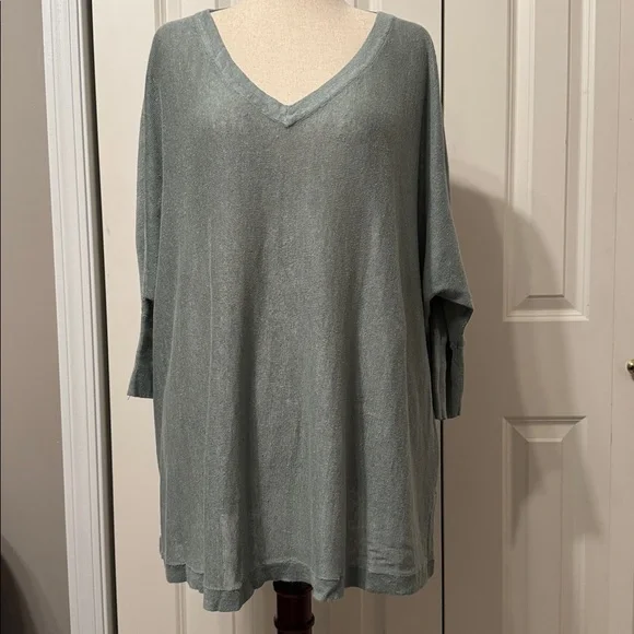 Garnet Hill Organic Linen V-Neck Oversized Sweater in light teal blue. - Picture 1 of 7